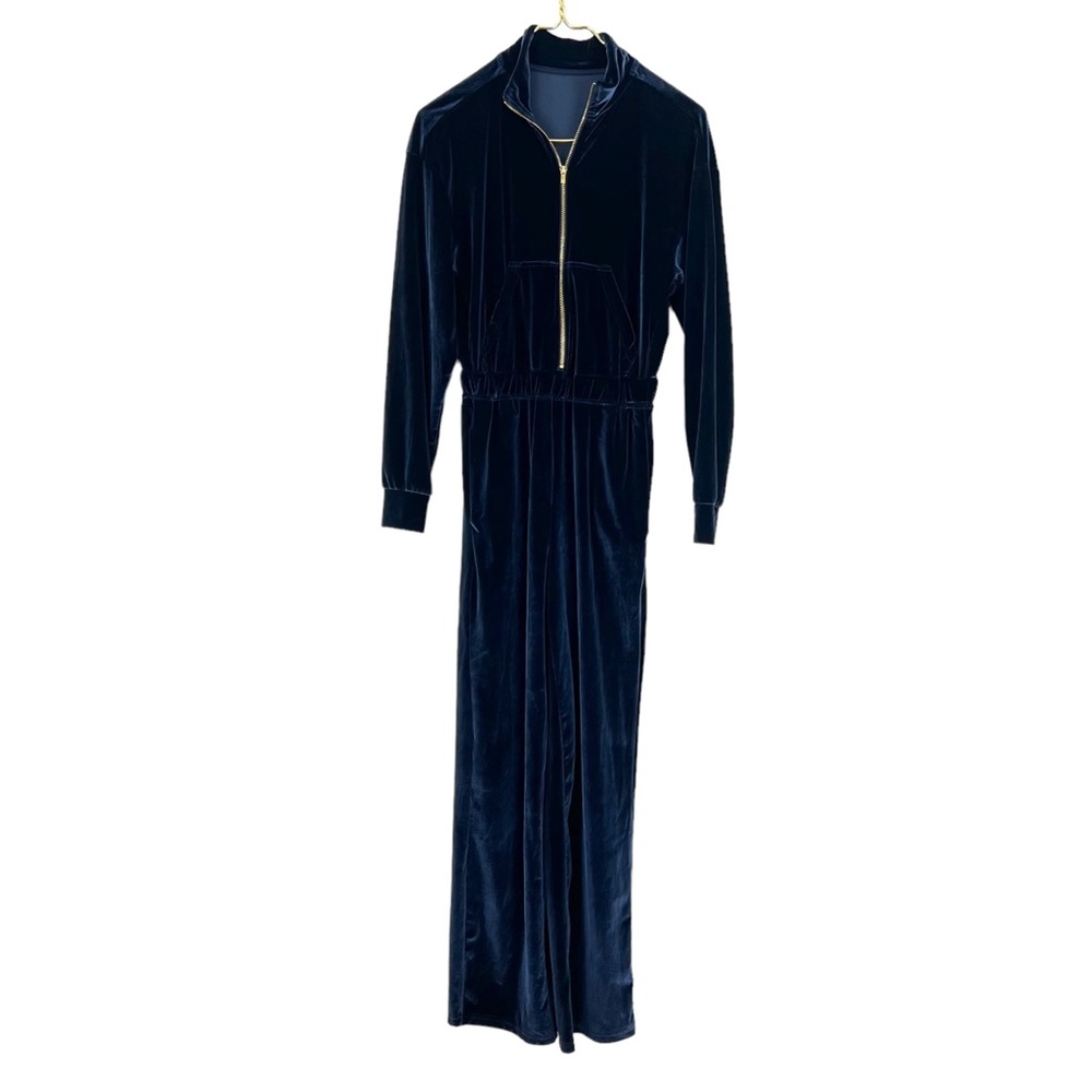 Fabletics Velour Wide-leg Jumpsuit Womens Sz Small Navy Blue Zip Cozy - Picture 4 of 12